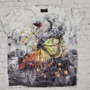 Rene Lezard White Butterfly Print Short Sleeve Top